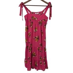 Ces Femme Babydoll Dress M Pink Floral Tie Shoulder Smocked Boho Rayon USA 38"